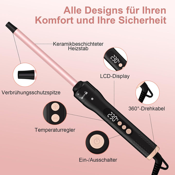 Lockenstab 3 in 1, Lockenstäbe mit 3 Austauschbaren Keramik 12-32mm, 13 Temperaturstufen, Schnelles