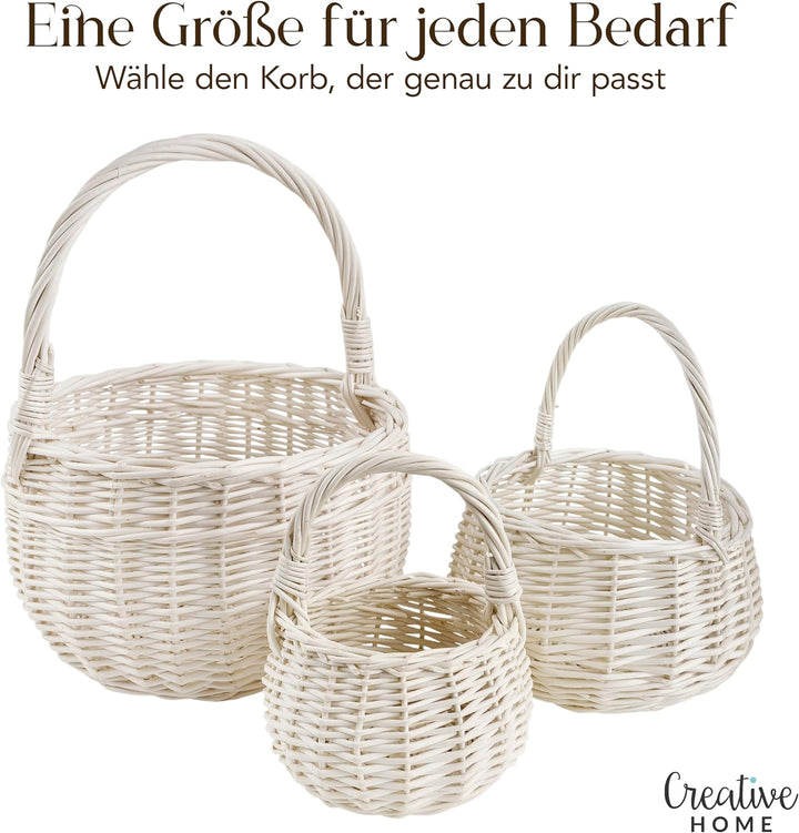 Creative Home Kleiner Weidenkorb Henkel Weiss Rund | Klein 22 x 22 x 26 cm (+/- 2 cm) | Handgeflocht