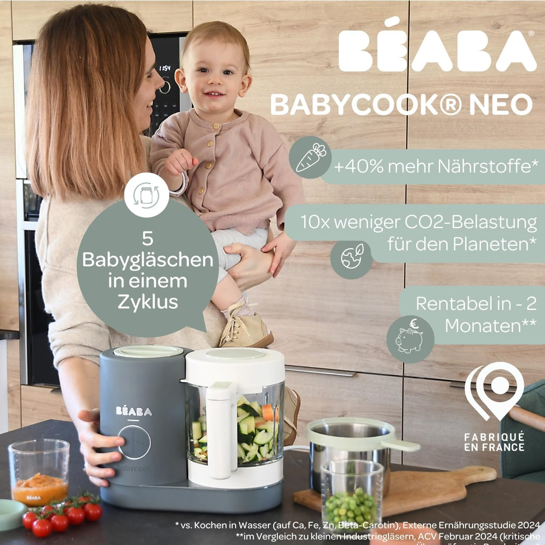 Béaba - Babycook Neo - 6 in 1 Babynahrungszubereiter - Schonender Dampfgarer - Glaskrug und Garkorb