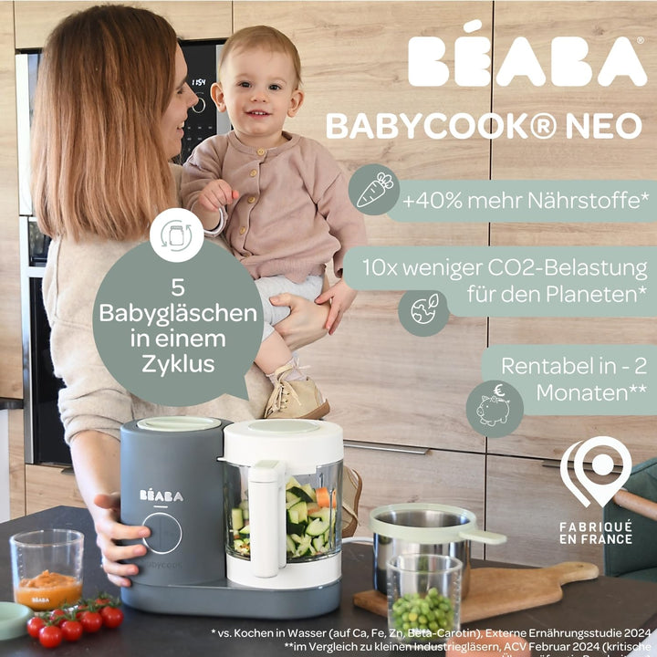 Béaba - Babycook Neo - 6 in 1 Babynahrungszubereiter - Schonender Dampfgarer - Glaskrug und Garkorb