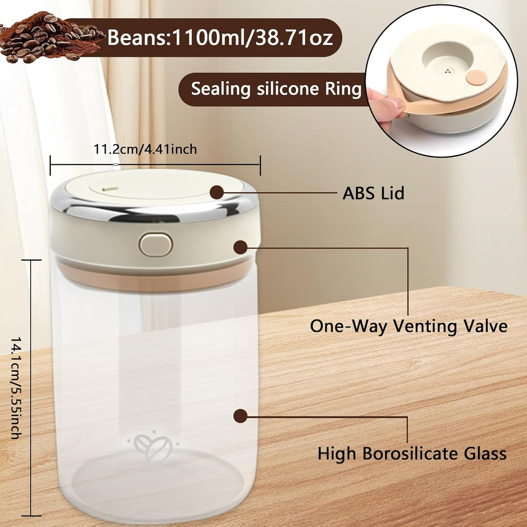 Vakuum Glas Kaffeedose Luftdicht, 1.1L Vakuum Kaffeedose mit Auslassventil und Datumsanzeige, Kaffee