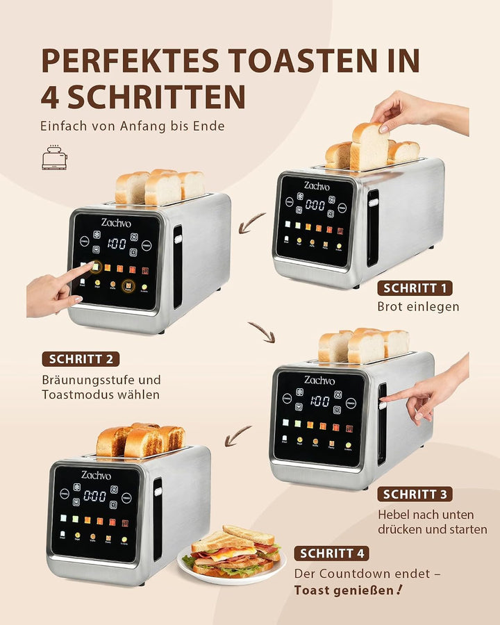 4 Scheiben Langschlitz Toaster Edelstahl, Smart Touchscreen mit LED-Countdown, Memory-Funktion, 6 Br