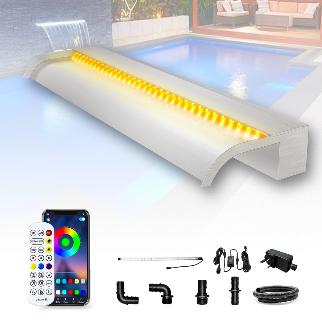 Longrun 60cm Teich Wasserfall Klingen Set, 304 Edelstahl Gebogener Wasserfall mit 7 Farben Bluetooth