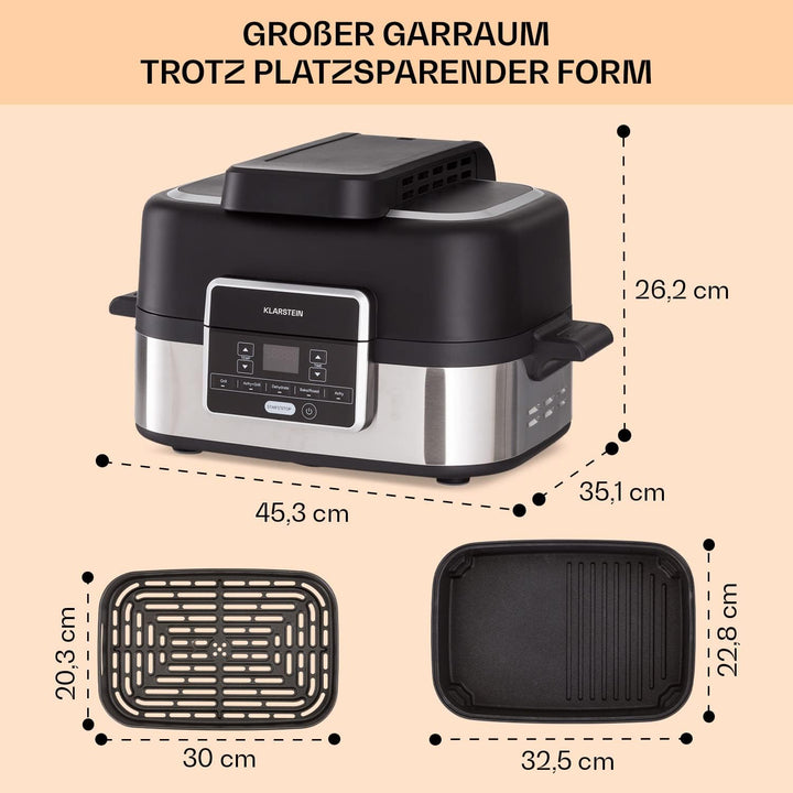 Klarstein 2-in-1 Heissluftfritteuse mit Grill, Airfryer mit Schnellaufheizung 1500W, XL Heissluftfri