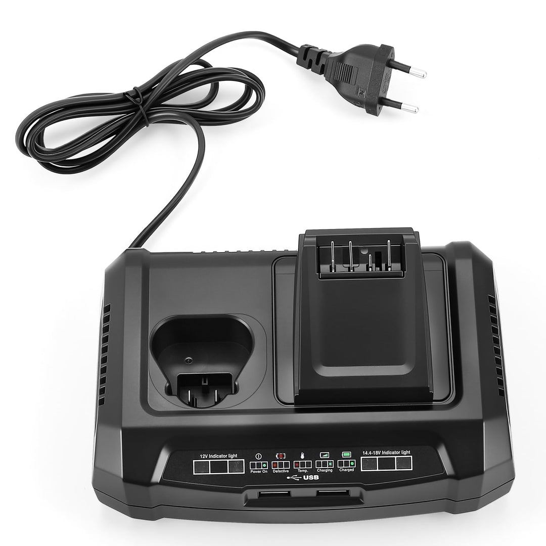 Dual-Port Ladegerät für Bosch 18V & 12V Akkus mit dualen USB-Anschlüssen, wandmontierbar, All-in-One