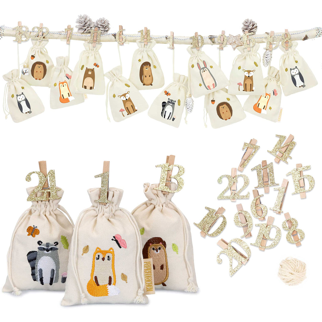 Papierdrachen 24 Adventskalender Stoffsäckchen zum Befüllen - mit goldenen Holzzahlen - Stoffbeutel