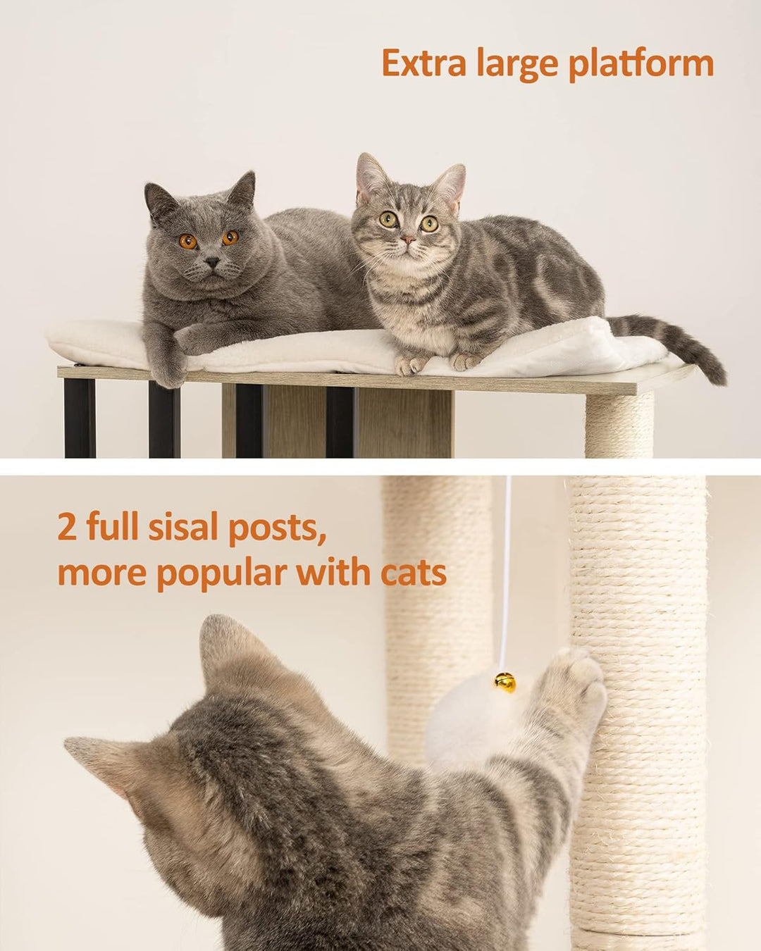 FourFurPets 3-stufiger moderner Kratzbaum, 111 cm hoch, Katzenbaum, mit 2 Voll Sisal Kratzsäulen, 3