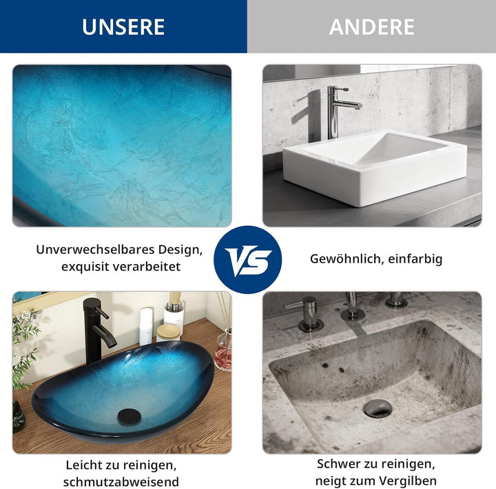 ARTETHYS Waschbecken Glas Aufsatzwaschbecken mit Wasserhahn Ablaufgarnitur, Oval Waschschale Waschti