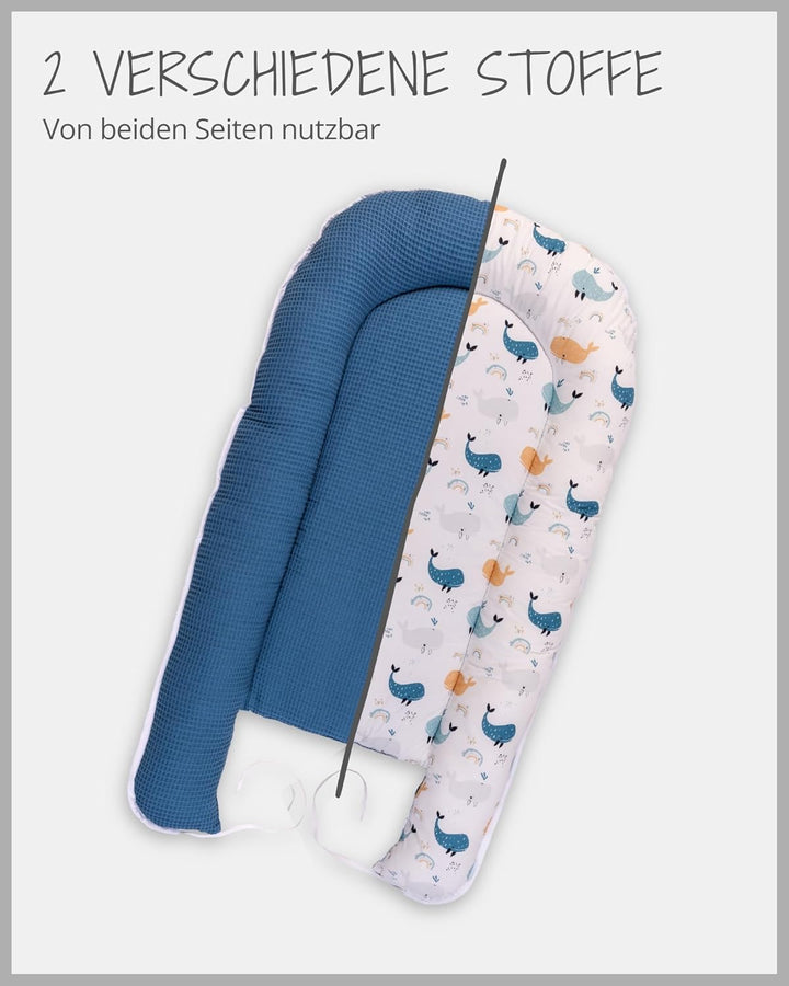 ULLENBOOM ® Babynest & Kuschelnest (55x95 cm) Blau-Wale (Made in EU) - Baby Nestchen aus Baumwolle,