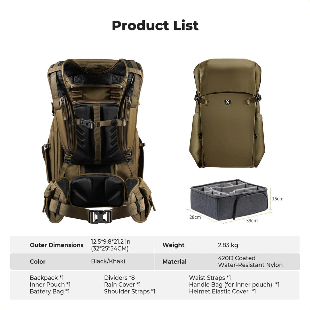 K&F Concept Kamerarucksack 30L, Professionelle Grosse Fotorucksack, Camera Backpack Wasserdicht, Rei