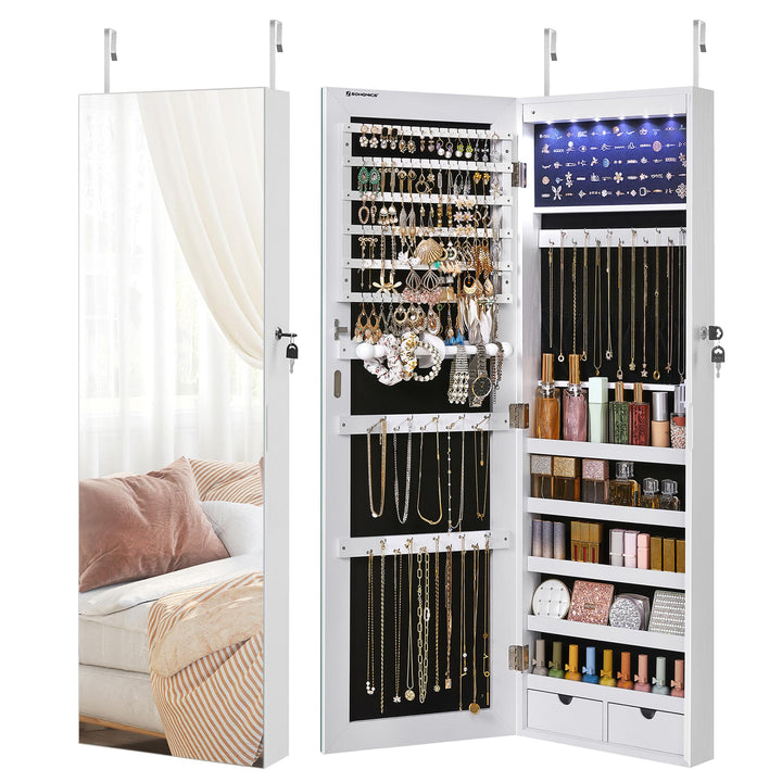 SONGMICS Schmuckschrank hängend, Spiegelschrank mit LED-Innenbeleuchtung, Wandschrank mit Ganzkörper