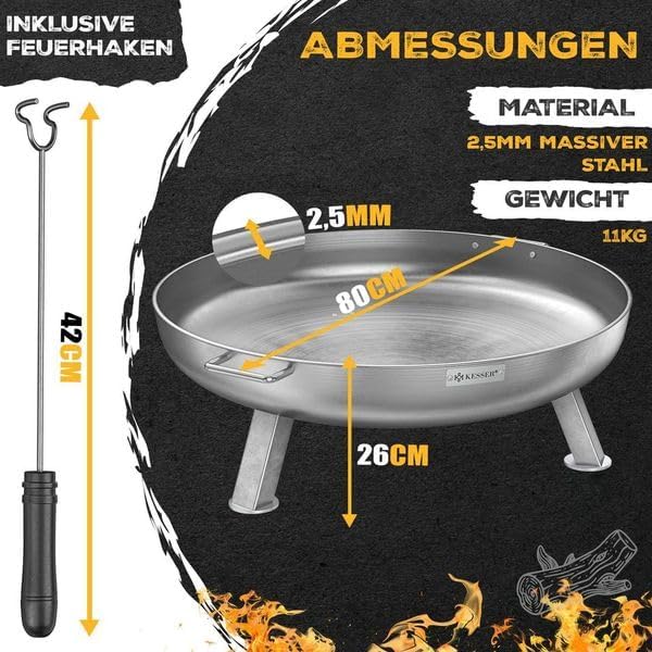 KESSER® Feuerschale 2,5mm Stahldicke | Feuerkorb Ø80cm Edelstahl | Feuertonne +42cm Feuerhaken Gusse