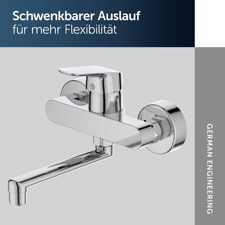 Armatur / Küchenarmatur CERAFLEX Ausladung 200 mm | zur Wandmontage, Schwenkbarer Rohrauslauf, S-Ans