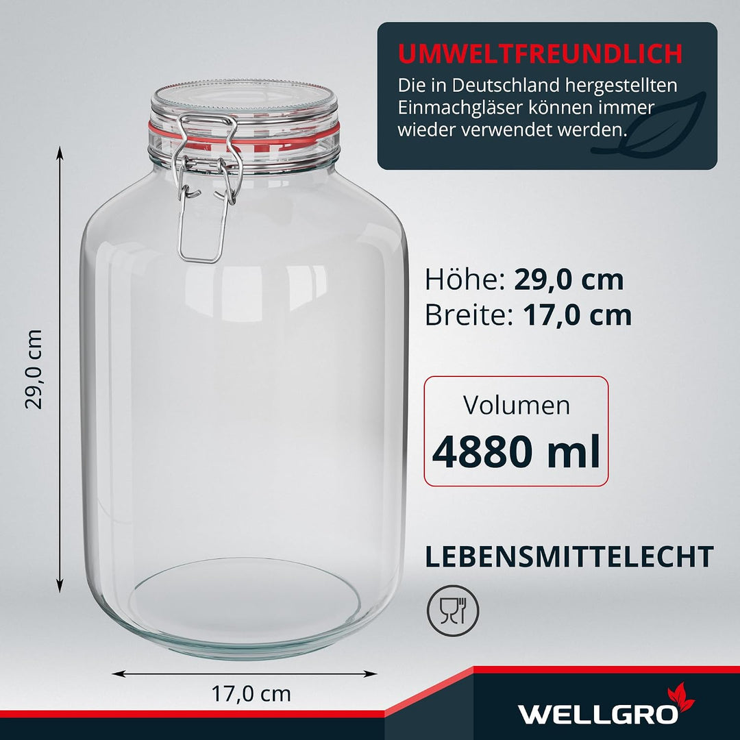 WELLGRO 2x Einmachgläser mit Bügelverschluss rund 4880ml, Fermentierglas, Vorratsgläser mit Deckel -