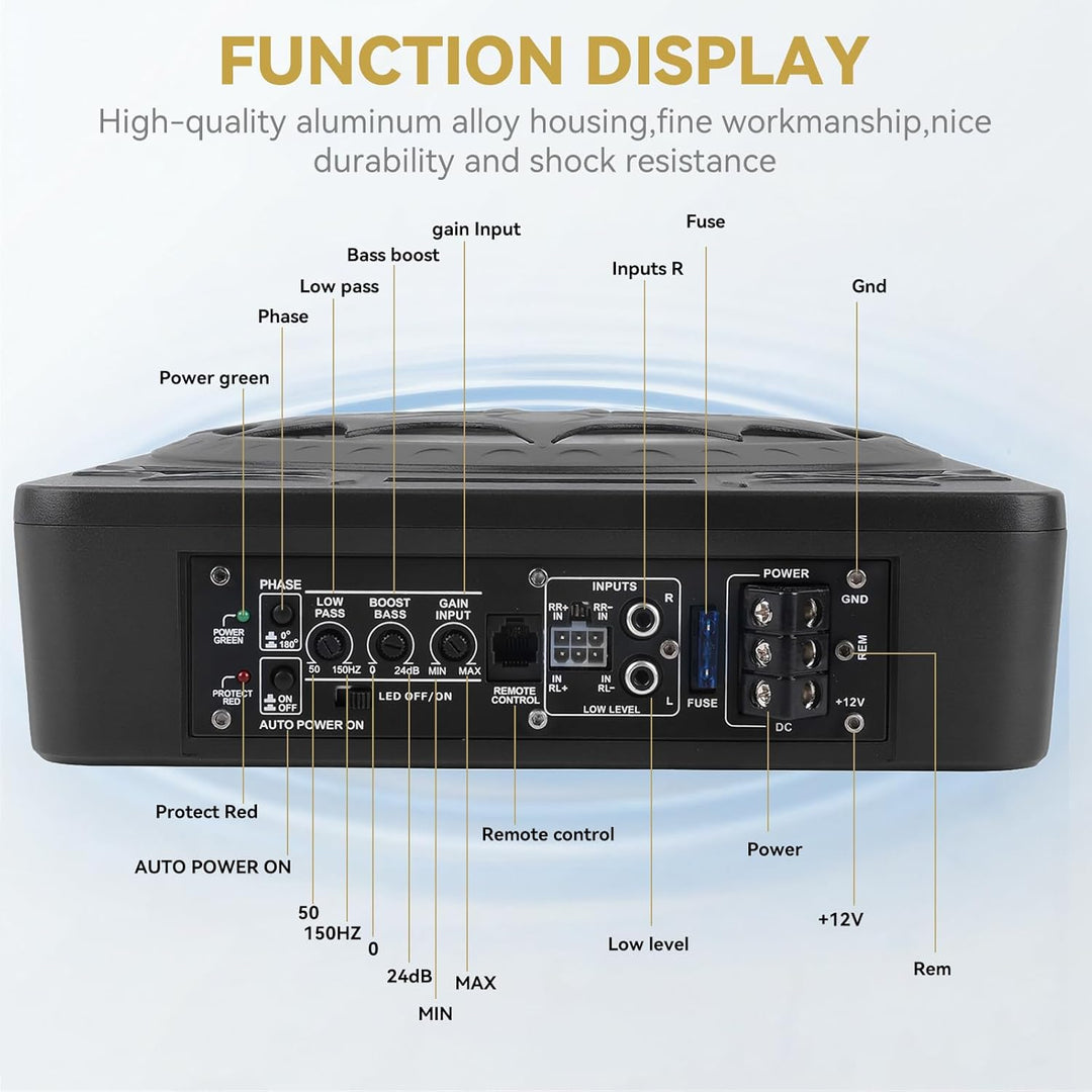 SIXWIN 1200W Subwoofer, 10 Zoll Schlanker Unter-Sitz-Subwoofer für Autos und Verstärker-Paket,Car Au