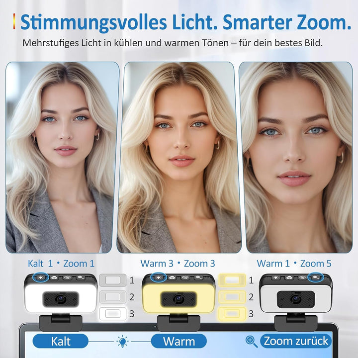 2K Webcam mit Mikrofon und Abdeckung – USB PC Kamera mit Licht, Zoom, Flip, Privacy-Cover – Externe