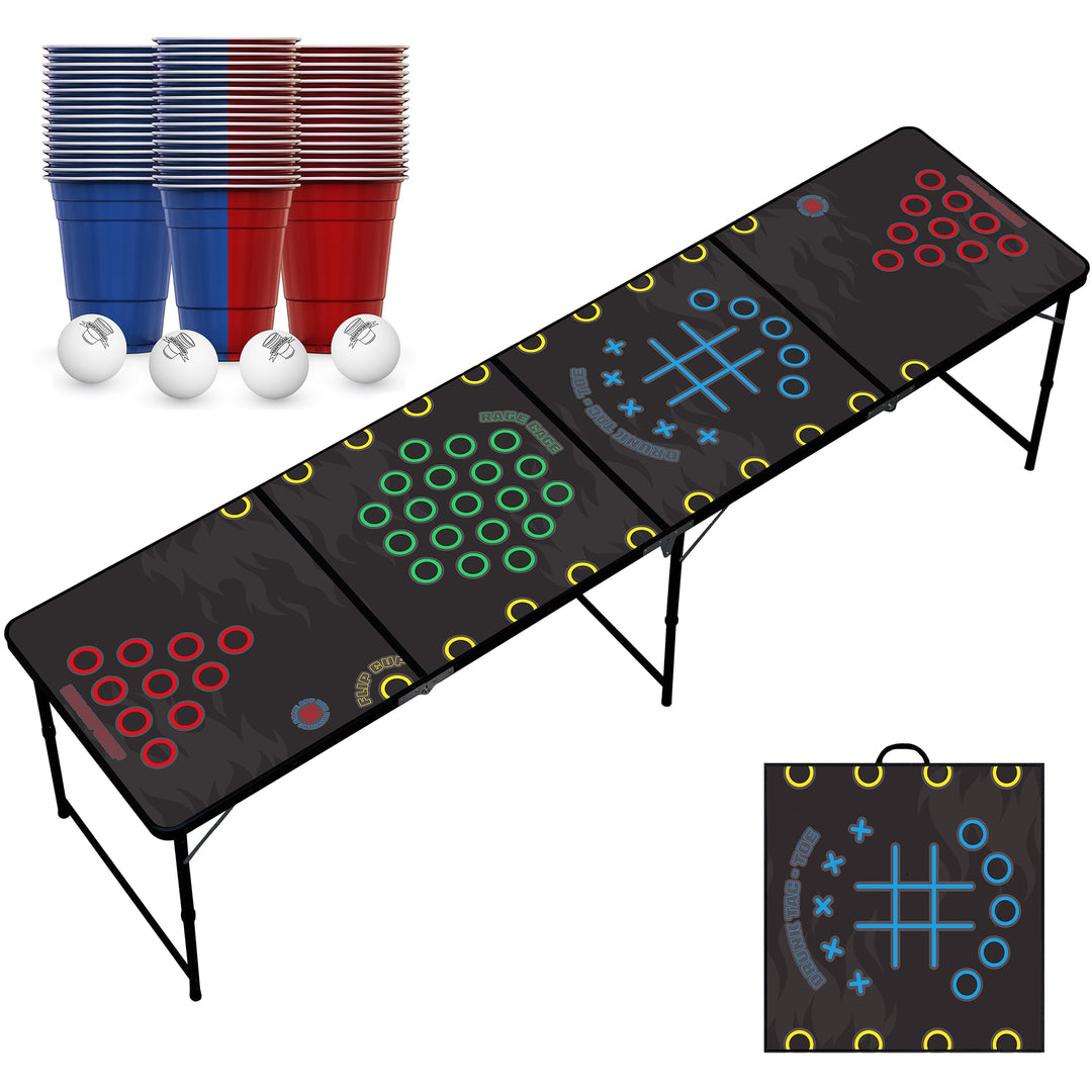 Beer Pong Tisch 4-in-1 | Flip Cup, Rage Cage, Drunk Tac Toe | Klappbarer Turniertisch 240x60x70 cm |