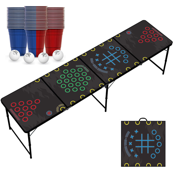 Beer Pong Tisch 4-in-1 | Flip Cup, Rage Cage, Drunk Tac Toe | Klappbarer Turniertisch 240x60x70 cm |