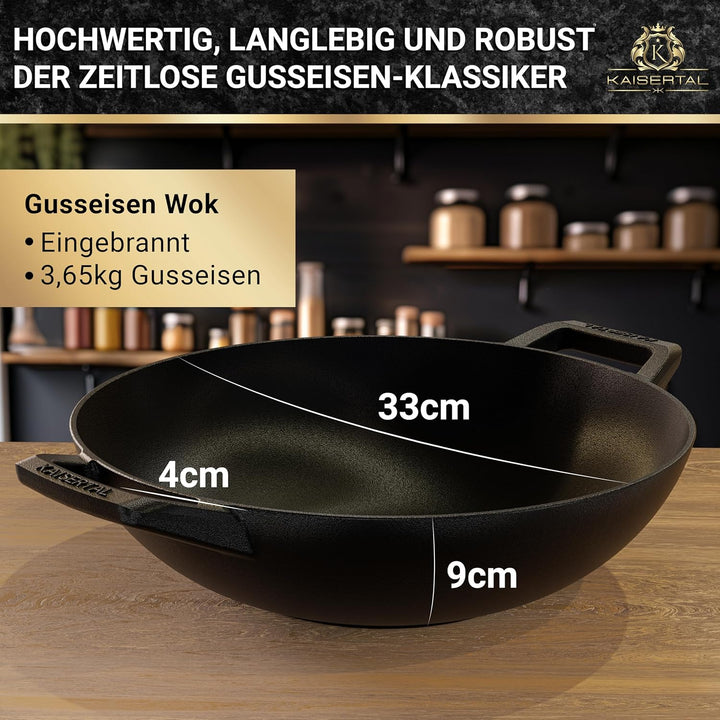 KAISERTAL® Gusseisen Wokpfanne Induktion | 32cm Ø Wokpfanne ohne Deckel | Wok mit Flachboden | Vorei