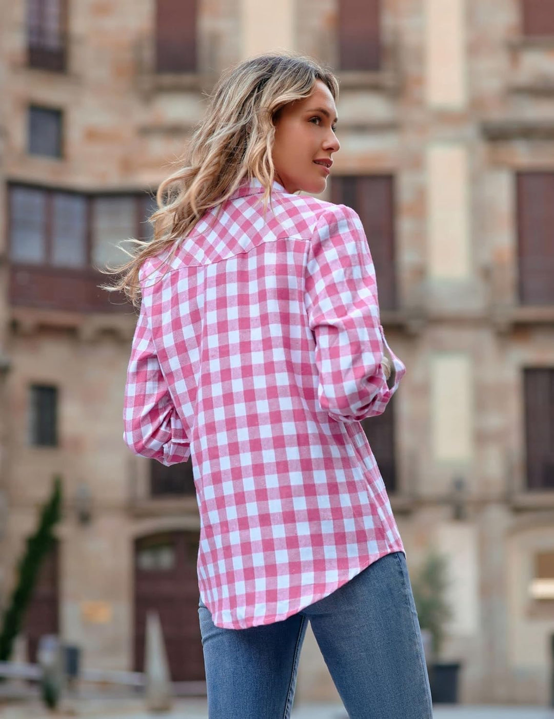 UNibelle Damen Kariertes Hemd mit Knopfleiste Kurz/Langarm Oktoberfest Bluse Karo Tunika Baumwolle T