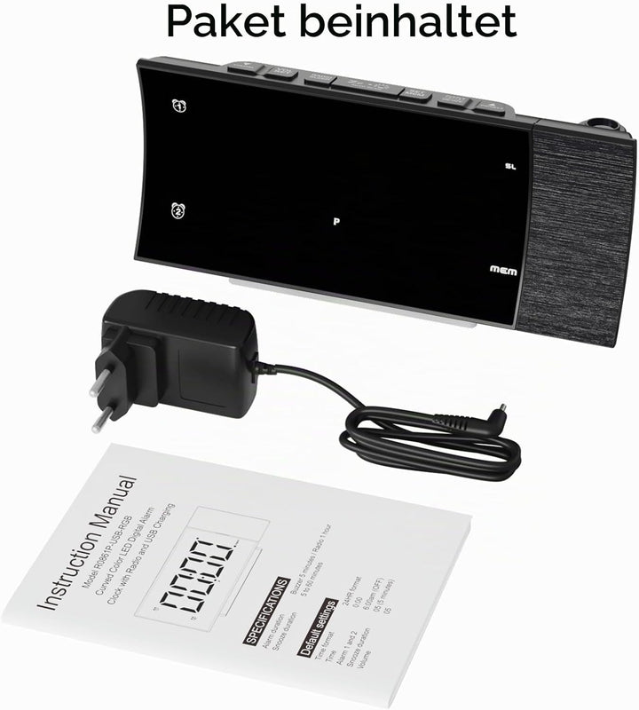 Radiowecker mit Projektion, Projektionswecker Digitaler Wecker, 180°Projektor, Grosser LED-Anzeige,
