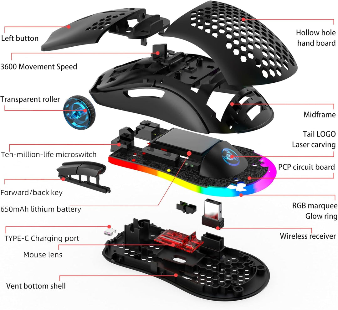 T66 PC Gaming Mouse, BT/2.4G Wireless/Wired, Lightweight Honeycomb Shell, Macro Program, Cool RGB Li