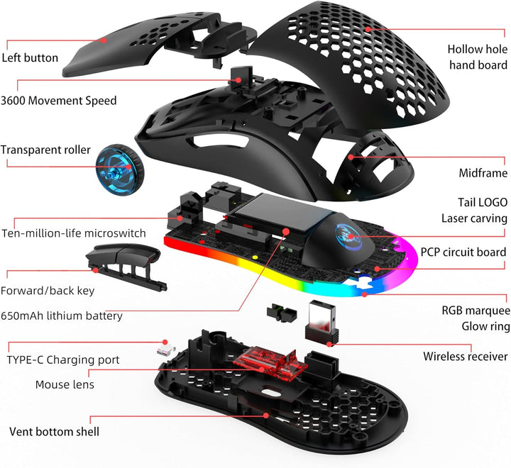 T66 PC Gaming Mouse, BT/2.4G Wireless/Wired, Lightweight Honeycomb Shell, Macro Program, Cool RGB Li