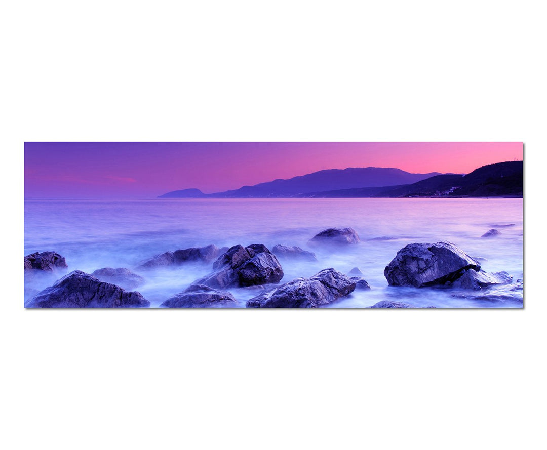 Paul Sinus Art Panoramabild auf Leinwand und Keilrahmen 150x50cm Abenddämmerung Meer Felsen Berge