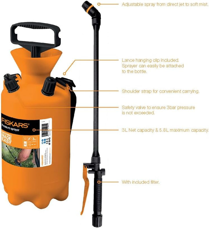 Fiskars Drucksprüher, Für Pflanzenbehandlungen auf Wasserbasis, Einstellbares Sprühbild, Sicherheits