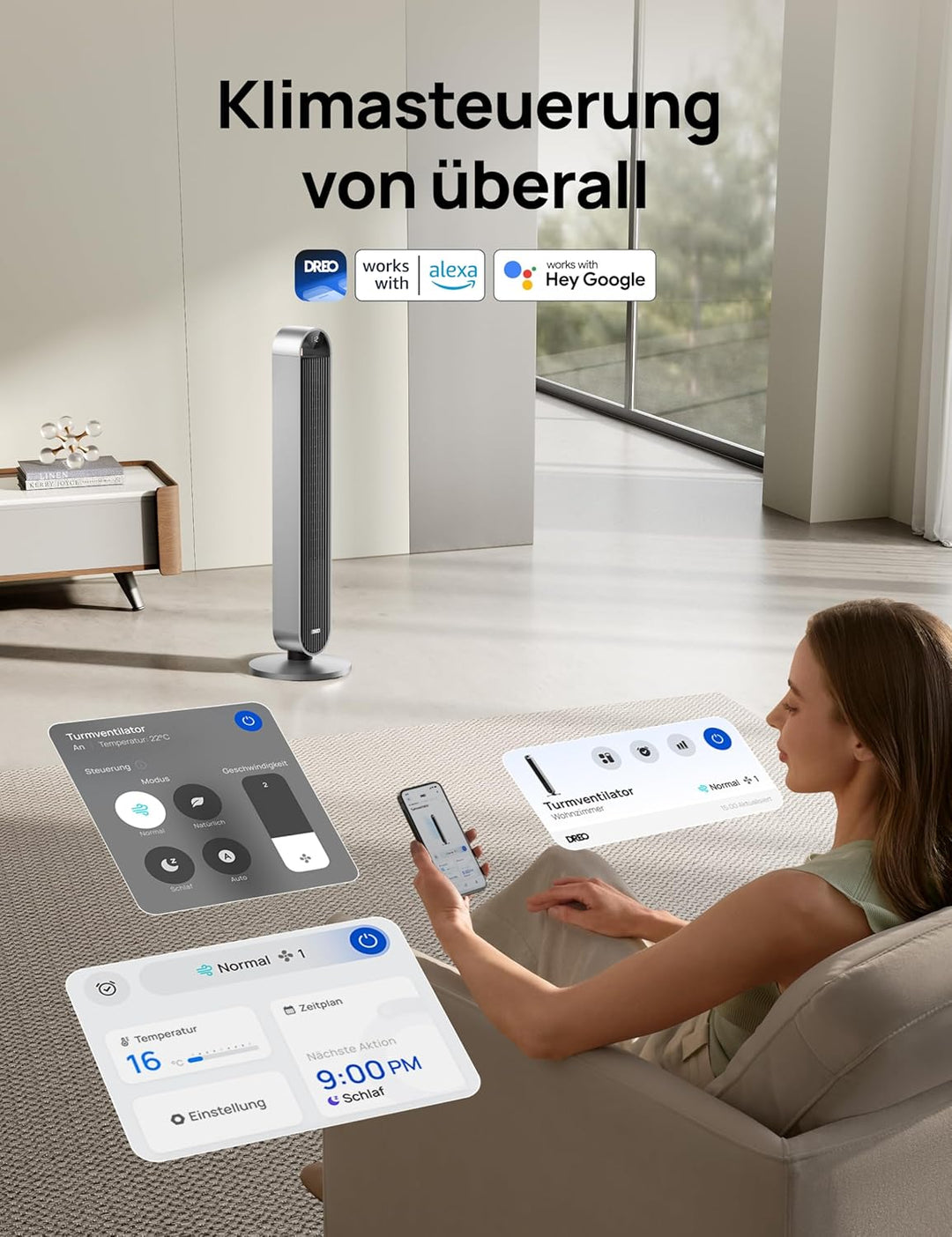 Dreo Pilot Max Smart Turmventilator mit Sprachsteuerung, WiFi Alexa fan, APP Steuerung, 120° Oszilli