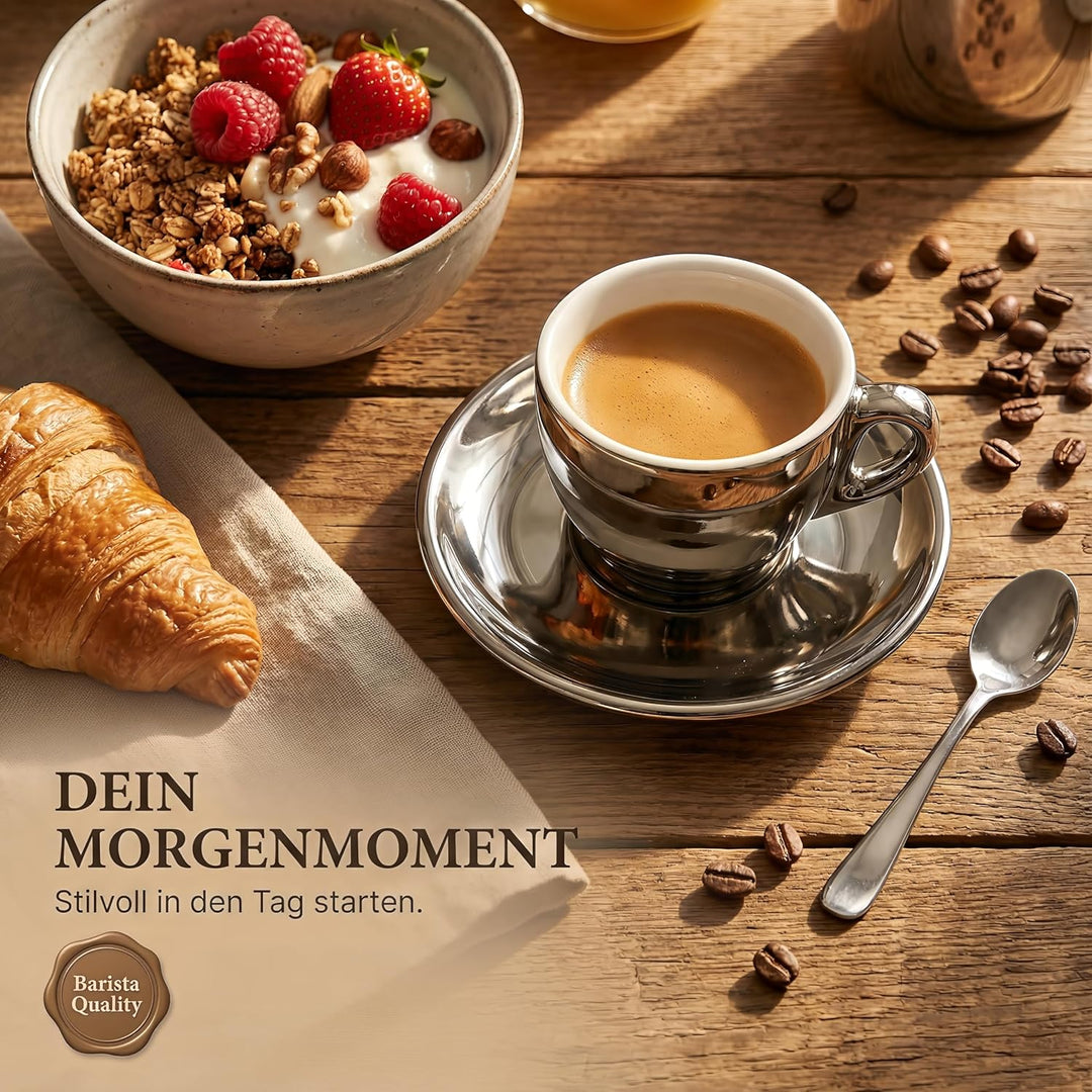 6x Espressotassen | Silber Chrome | Italian Style | dickwandig &amp; schwer | Espresso 6er Set mit Unter