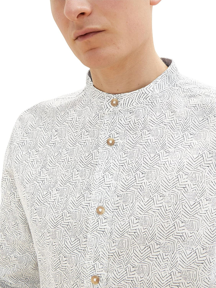 TOM TAILOR Herren Hemd mit Stehkragen aus Leinen XXL 31281 - Offwhite Leaf Structure Design, XXL 312