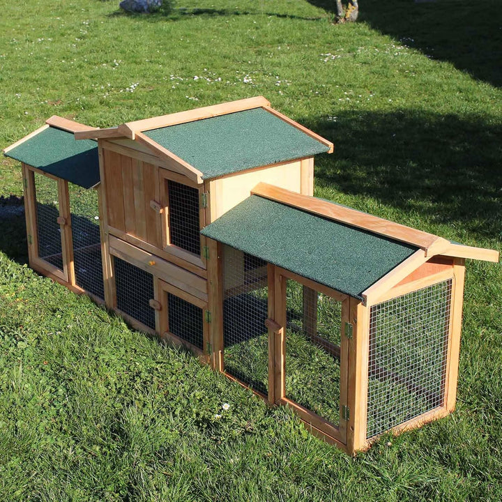 Wiltec XXL Hasenstall 2110 x 530 x 835 mm mit Freilaufgehege und erhöhtem Unterschlupf aus Kiefernho