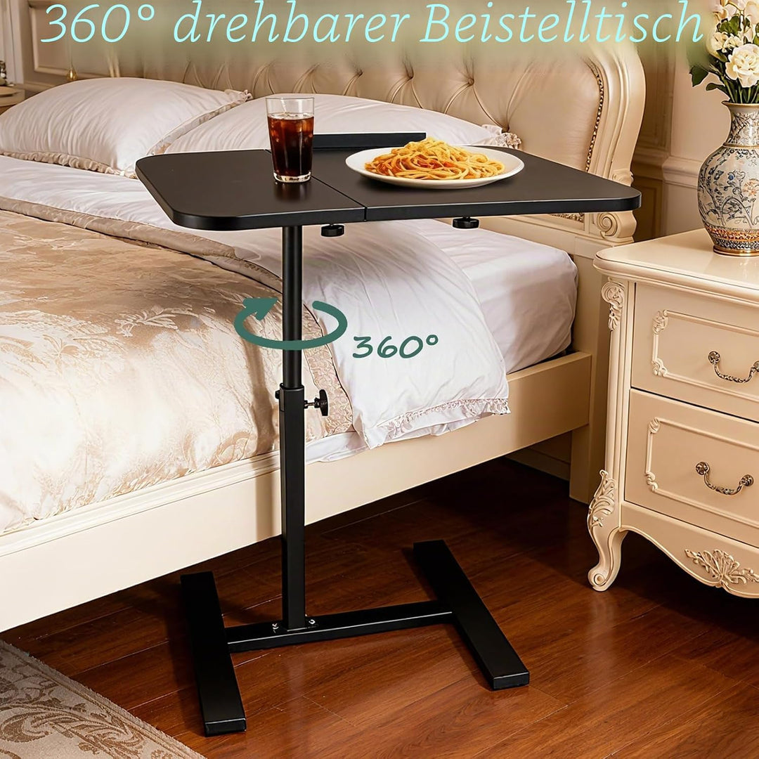 YYW Verstellbarer Nachttisch mit Rollen, geteilte Oberseite, neigbar, Nachttisch mit Tablett, Rollti
