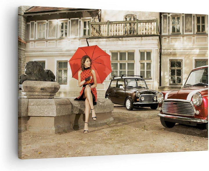 Bilder auf Leinwand Attraktiv Frau Spaziergang Regenschirm Leinwandbild 70x50cm Wandbilder Dekoratio