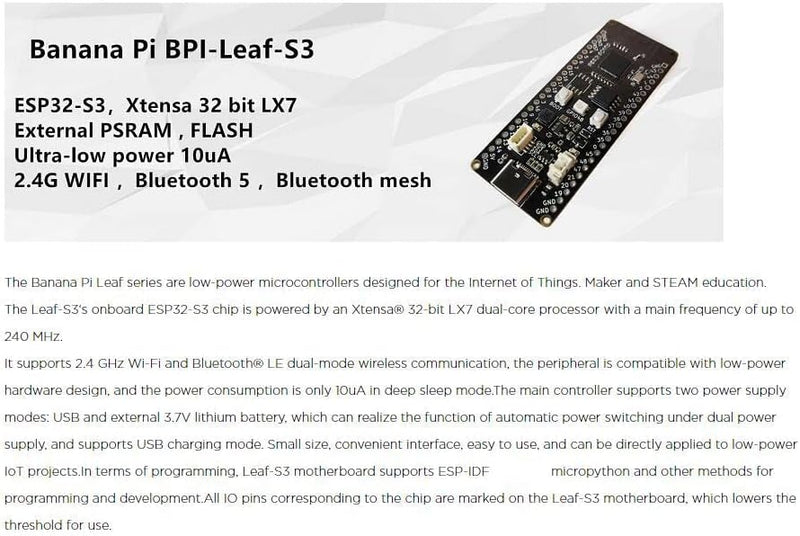 Banana Pi BPI-Leaf-S3 ESP32-S3 Entwicklungsboard 2,4 GHz Dual-Mode WiFi + Bluetooth mit 10 uA Stromv