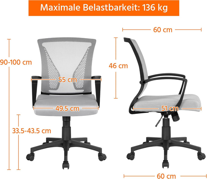 Yaheetech Bürostuhl Ergonomisch, Schreibtischstuhl mit Netzbespannung, Arbeitsstuhl mit Armlehnen, C