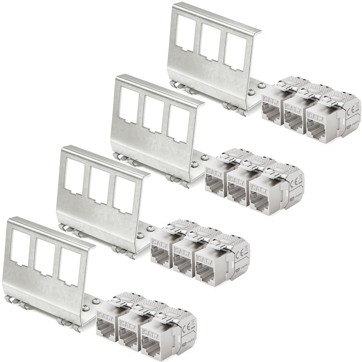hb-digital Set: 12X CAT.7 Keystone RJ45 Modul + 4X Hutschienenadapter Metall Keystone-Halterung für