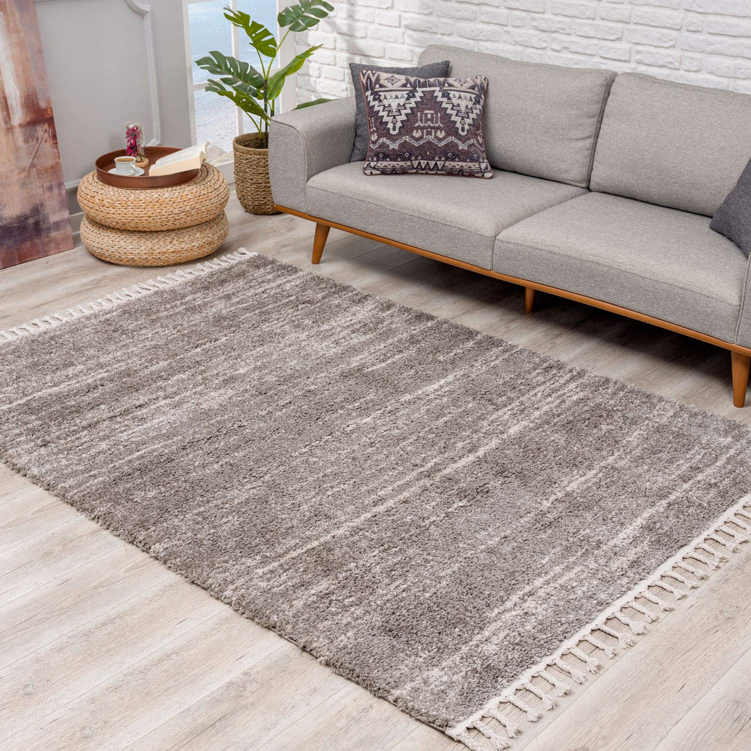 Teppich Hochflor Wohnzimmer - Ethno Stil Meliert 80x200 cm Grau Creme - Teppiche mit Fransen, 80/200