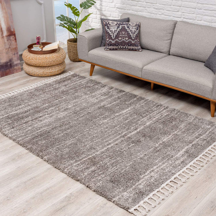 Teppich Hochflor Wohnzimmer - Ethno Stil Meliert 80x200 cm Grau Creme - Teppiche mit Fransen, 80/200