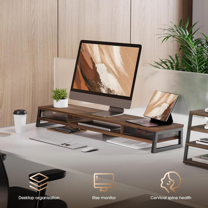 Fenge Dual Monitorständer Riser mit 2 Acryl Schubladen 2 Etagen 108cm Computer Bildschirmständer für