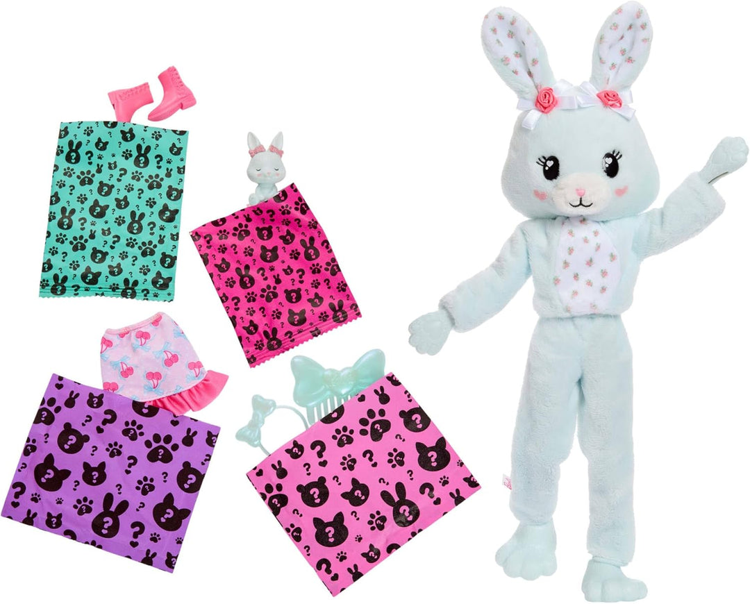 Barbie Cutie Reveal Puppe und Zubehör, Hase der Cuddly-Reihe mit 10 Überraschungen, inklusive Farbän
