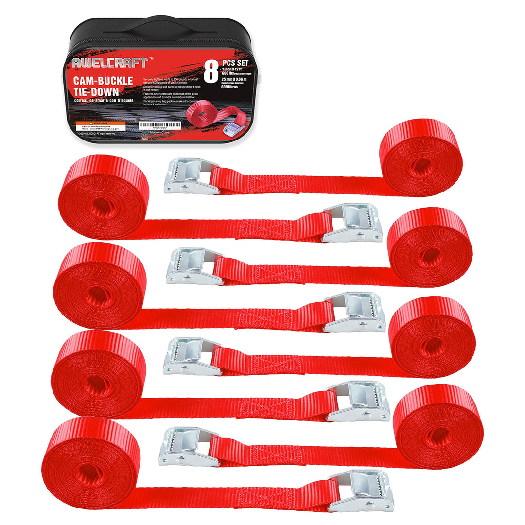 AWELCRAFT 8 Stück Zurrgurte mit Cam-Schnalle – 2,5 cm x 3,6 m, 272 kg Bruchfestigkeit, Rot mit Trage
