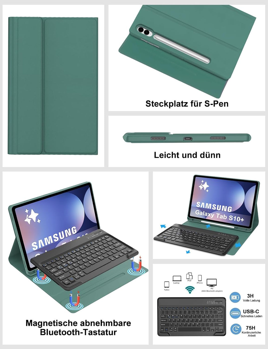 Hülle mit Tastatur für Samsung Galaxy Tab S10 Plus 2024/S9FE+/S9 Plus 12.4", Tastatur QWERTZ deutsch