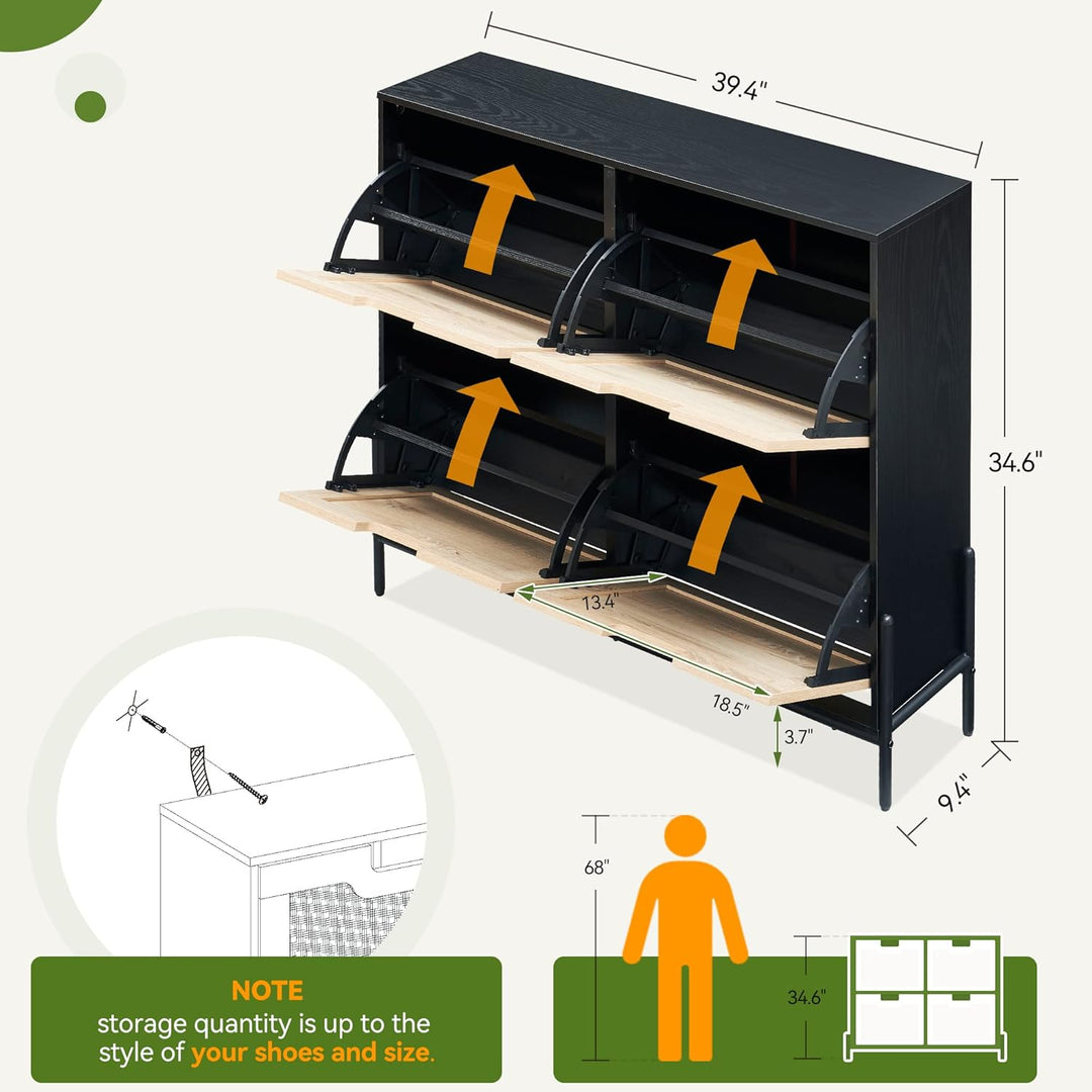 Schuhschrank Mit 4 Klappen, Schuhregal Schuhkipper Schmal, Schuhablage Verstellbar, Schuhkommode für