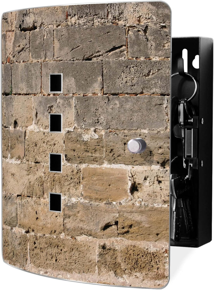 banjado® Design Schlüsselkasten aus Edelstahl Motiv Steinwand Antik für 10 Schlüssel - Schlüsselschr
