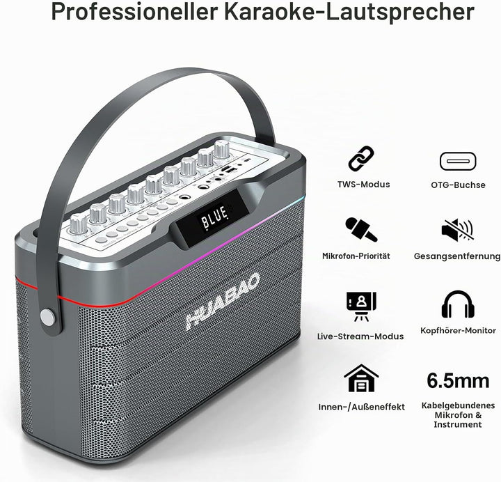 Karaoke-Maschine - 100W Bluetooth-Lautsprecher mit Super Bass, 2 drahtlose Mikrofone, tragbares PA-S