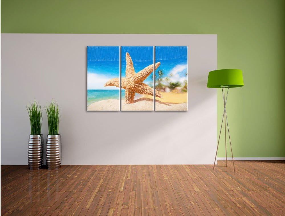Pixxprint Seestern im Sandstrand von Palm Beach Kunst Buntstift Effekt 3-Teiler Leinwandbild 120x80