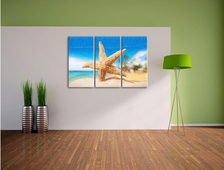 Pixxprint Seestern im Sandstrand von Palm Beach Kunst Buntstift Effekt 3-Teiler Leinwandbild 120x80