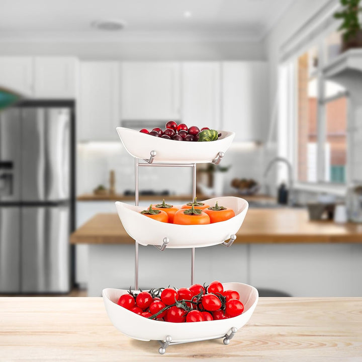 XUDREZ Obst Etagere mit 3 Etagen Obstschalen aus Keramik, Platzsparendes Obstkorb Etagere für die Fa